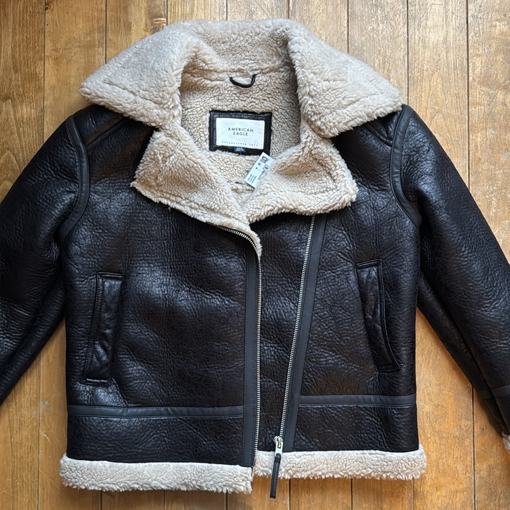 AE Oversized Vegan Shearling Moto Jacket Black Medium NWT - Picture 6 of 11
